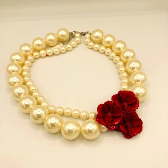Pearl and Red Rose Collar Necklace - Picture 1 of 12